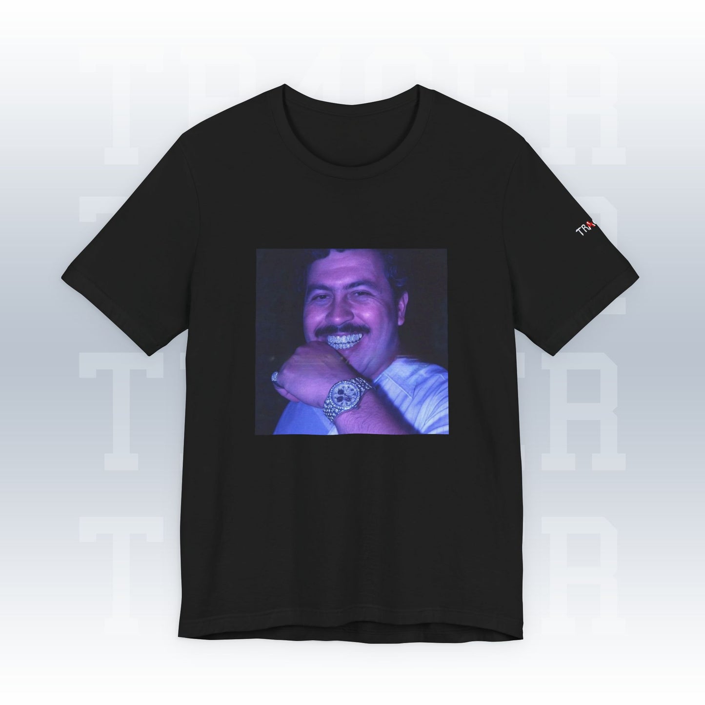 Black t-shirt with a graphic of a man's face on a white background