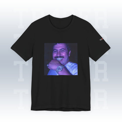 Black t-shirt with a graphic of a man's face on a white background